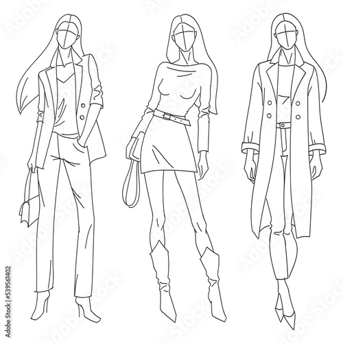 Woman fashion sketch. Vector line illustration of fashion models.