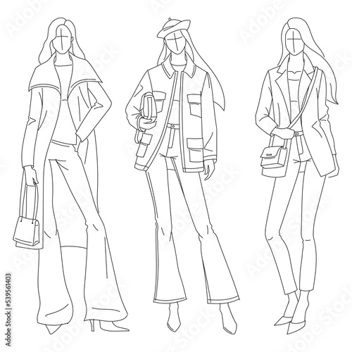 Woman fashion sketch. Vector line illustration of fashion models.