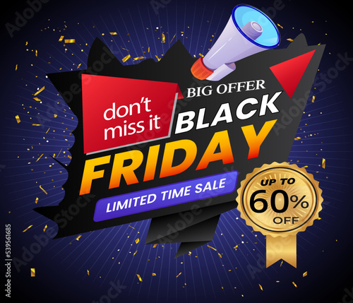 Black Friday Super Sale banner. Realistic 3d design stage podium. black Friday poster background, Open black gift box full of decorative, Golden text lettering, black discount label design.