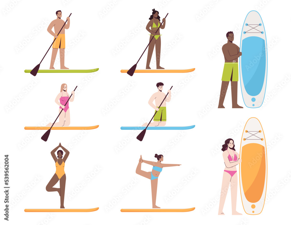 Young people with sup. Set of multicultural men and women have different activities with board. Stand up paddle. Vector collection in flat style