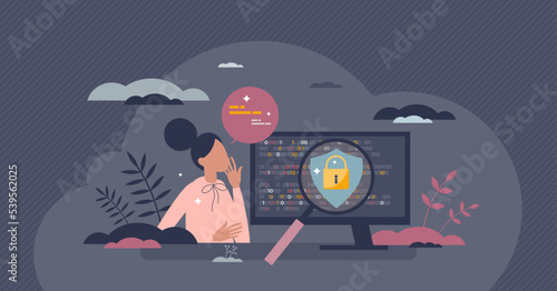 Cyber security course and education about digital safety tiny person concept. Online learning about data encryption, fraud and scam protection and information privacy awareness vector illustration.