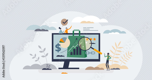 Shop SEO optimization for e-commerce site search results tiny person concept. Website product management with successful store algorithm for shown items vector illustration. Effective retail marketing