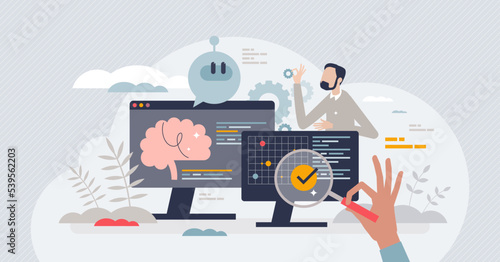 Machine learning engineer as AI tech professional staff tiny person concept. Artificial intelligence monitoring, research and control for better and more effective process work vector illustration.