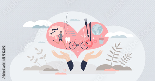 Public health protection and society cardiology care tiny person concept. Overall disease prevention and patient illness diagnosis with medical healthcare aid and risk eradication vector illustration.