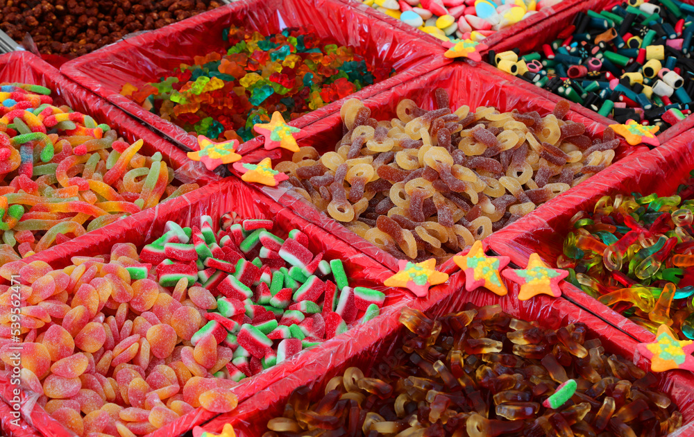 sweets and sugary candies for sale in the stall
