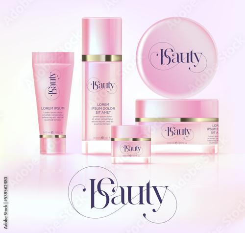 Elegant cosmetics packaging mockup set. Templates for cosmetics containers. Different jars, bottles, tubes and jars for cream. 
