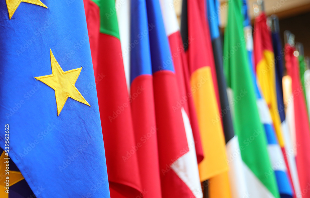 Yellow star of the European flag and in the background the other flags Yellow star of the European flag and in the background the other flags