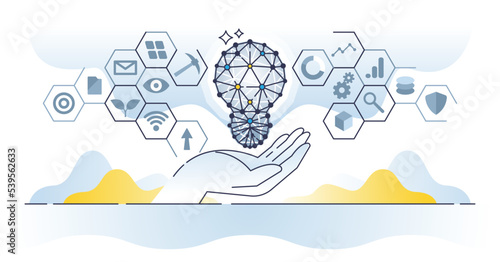 Business intelligence with company success key elements outline concept. Smart and effective approach for product launch and market research for new idea vector illustration. Forecasting and modeling