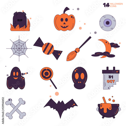 The halloween set with flat fourteen icons