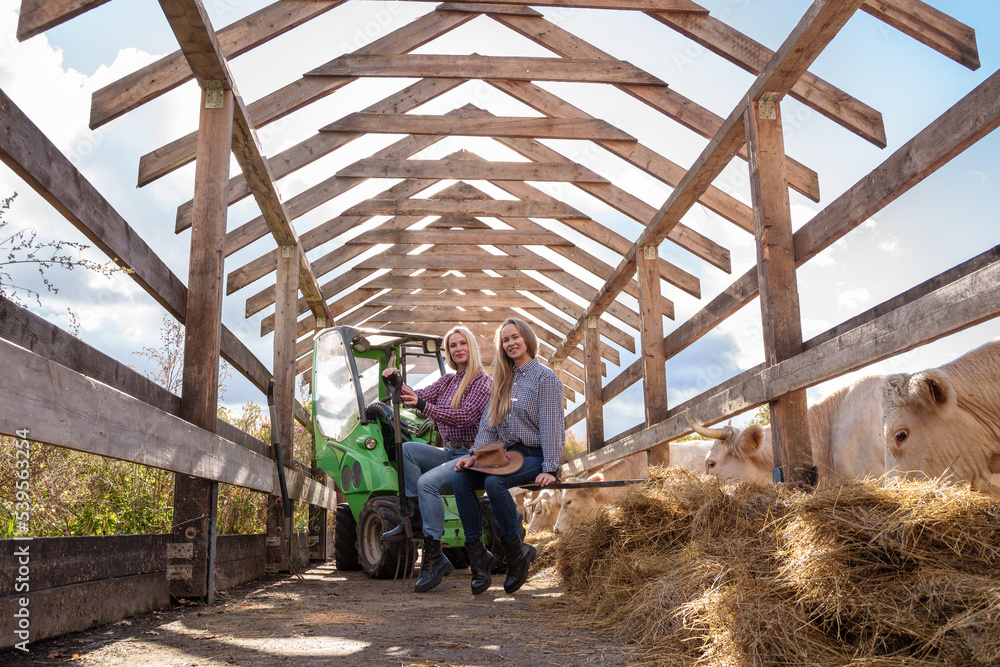 Portrait of two farmers women posing on farm vehicle around hay in barn. Portrait of two farmers women posing on farm vehicle around hay in barn.
