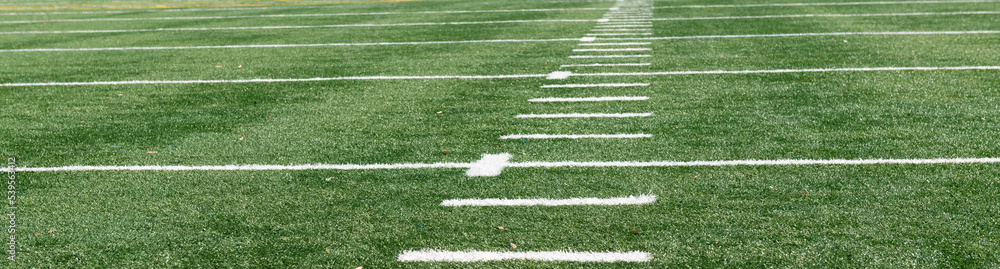 Green synthetic turf field on a clear autumn day with a shallow depth of field and copy space Green synthetic turf field on a clear autumn day with a shallow depth of field and copy space