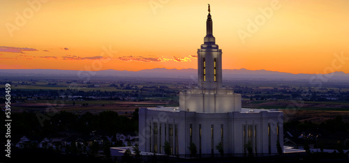 Pocatello Idaho LDS Mormon Temple with Lights at Sunset
