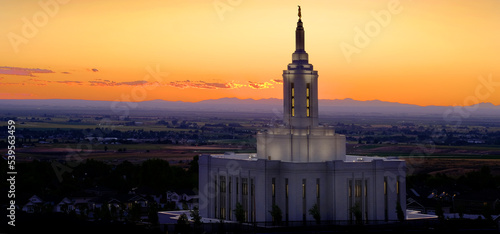 Pocatello Idaho LDS Mormon Temple with Lights at Sunset photo