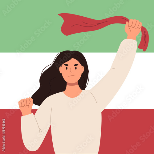 Iranian woman with waving hair and removed hijab on the background of iranian flag. Protest for freedom and rights in Iran.