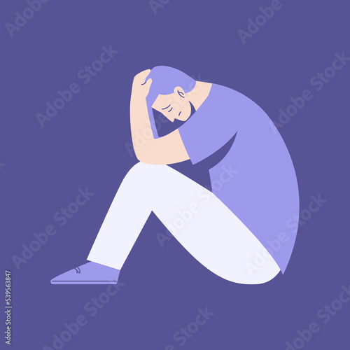 Frustrated worried man sits and holds his head. Character is anxious. Depression, fear. Young sad male character sitting on the floor and holding his knees. Middle age crisis.