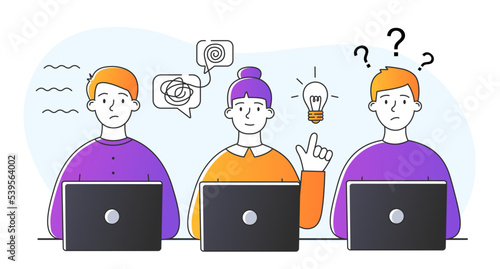 People doing test. Men and woman with laptops answer questions. Distance learning, modern technologies and digital world. Idea and insight. Poster or banner. Cartoon flat vector illustration