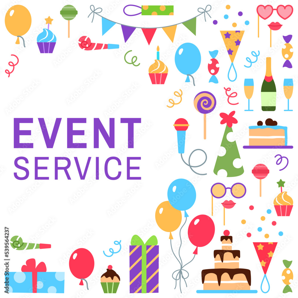 Event service background with circle text space. Birthday party carnival festival celebration frame with fun colorful flat elements cake present balloons champagne hat muffin candy vector illustration Event service background with circle text space. Birthday party carnival festival celebration frame with fun colorful flat elements cake present balloons champagne hat muffin candy vector illustration