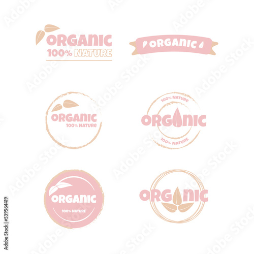 Eco  bio  organic and natural products sticker  label  badge and logo. Ecology icon. Logo template with pink and peach leaves for organic and eco friendly products. Vector illustration