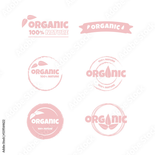 Eco, bio, organic and natural products sticker, label, badge and logo. Ecology icon. Logo template with pink leaves for organic and eco friendly products. Vector illustration