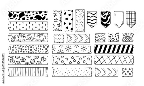 Set of washi tape strips with various cute designs isolated on white background. Scotch paper sticker. Vector hand-drawn illustration in doodle style. Perfect for cards, decorations.