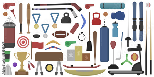 A large set of exercise equipment for sports. Sports Equipment. Vector