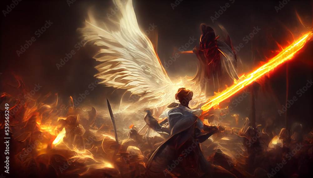 An angel fights with a demon. Eternal battle good vs evil. Inspired by  Bible and Egyptian religion. Epic war between God and devil. White wings  spread wide. Dark background, apocaliptic scenerio. Stock