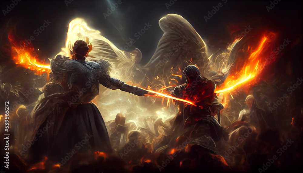 An angel fights with a demon. Eternal battle good vs evil. Inspired by  Bible and Egyptian religion. Epic war between God and devil. White wings  spread wide. Dark background, apocaliptic scenerio. Stock
