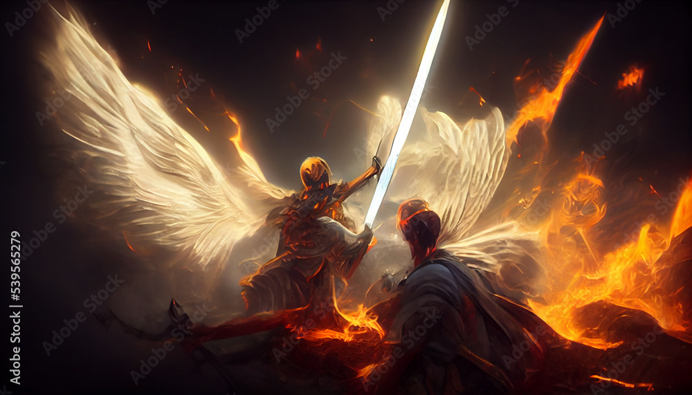 An angel fights with a demon. Eternal battle good vs evil. Inspired by  Bible and Egyptian religion. Epic war between God and devil. White wings  spread wide. Dark background, apocaliptic scenerio. Stock