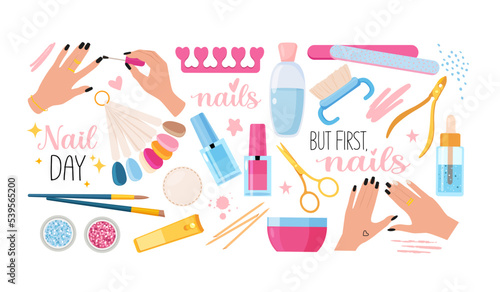 Nails and manicure set with woman hands, various manicure accessories, equipment, tools. 
Design element for web icons, spa salons, nail bar, beauty salon, manicurist, stickers and social media.