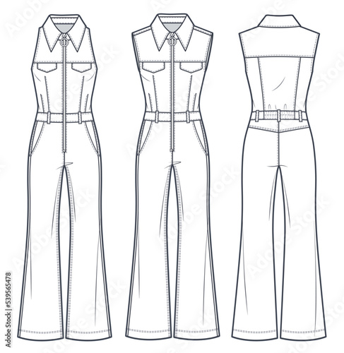 Women's Jumpsuit flared pants technical fashion Illustration. Sleeveless Jumpsuits fashion flat technical drawing template, slim fit, pockets, zipper, front and back view, white, CAD mockup set.