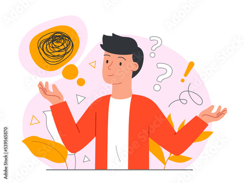 Person shrugging concept. Man thoughtfully spreads his hands to sides. Character doesnt know answer to question. Uncertainty and insecurity. Emotions and expressions. Cartoon flat vector illustration