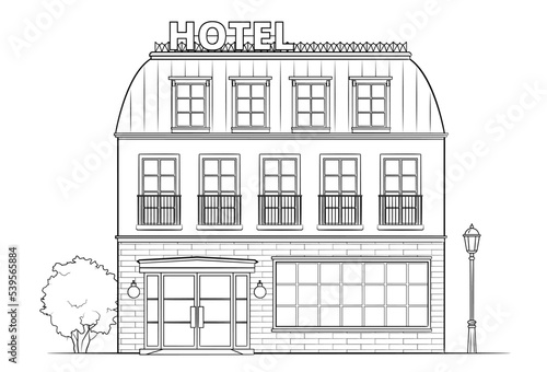 Hotel building - classic black and white illustration