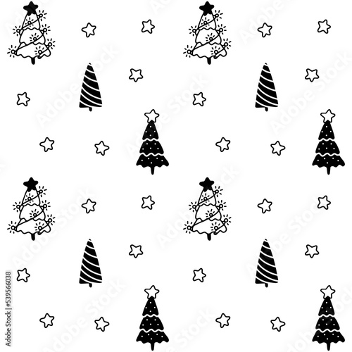 Vector black and white seamless pattern of Christmas trees and stars