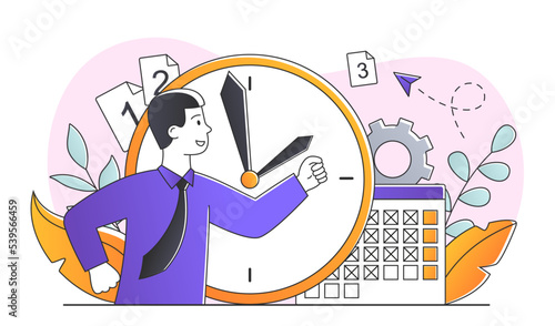 Time running out. Deadline metaphor and poor time management. Character on backdrop of calendar and clock, organizing effective workflow. Goal setting and motivation. Cartoon flat vector illustration