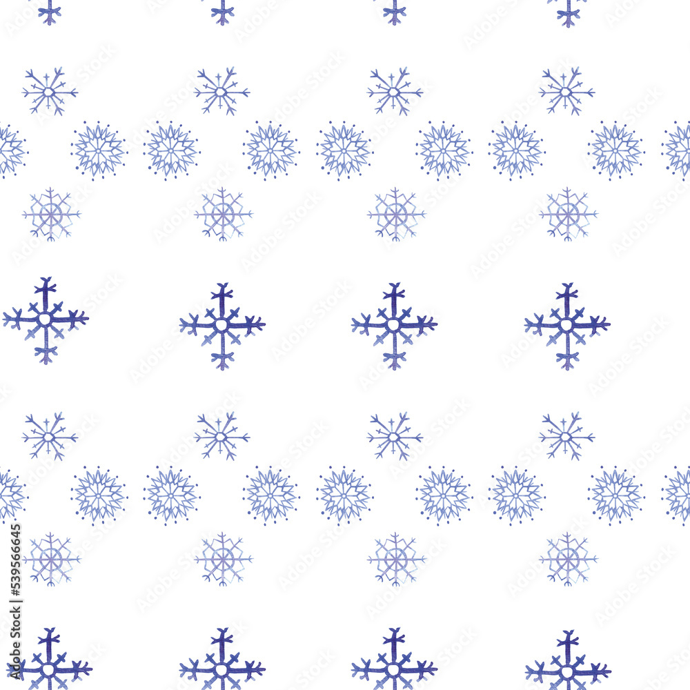 Snowflake patterns. Blue snowflake. Watercolor illustration. Hand drawn pattern.