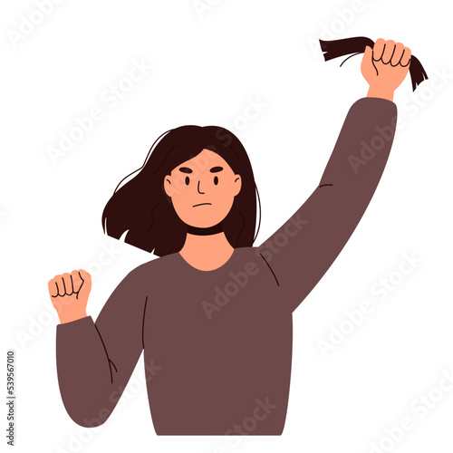 Woman with cut hair in the hand. Solidarity with iranian protest for freedom, rights and against violence.