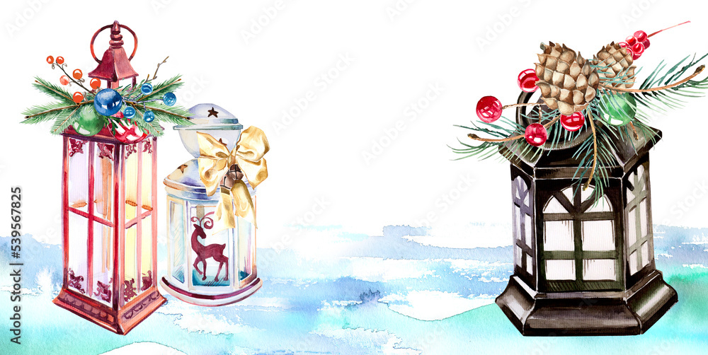 Christmas decorations banner. Watercolor winer lanterns design with copy space. Christmas and New Year premade card.