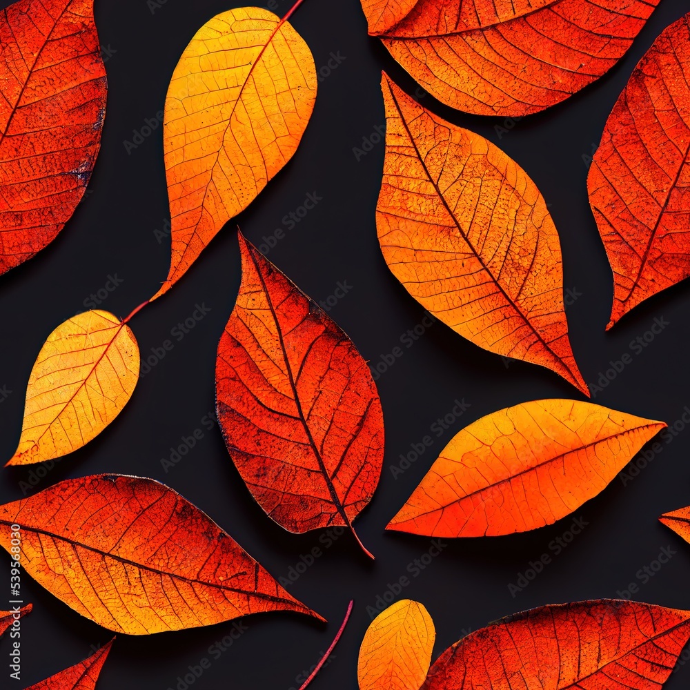Obraz premium Orange autumn leaves on black background seamless pattern
