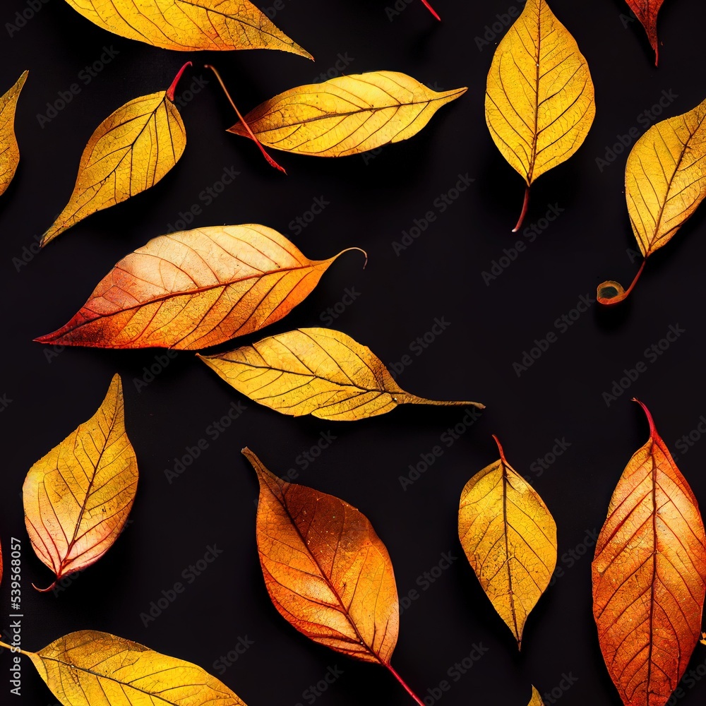 Obraz premium Orange autumn leaves on black background seamless pattern