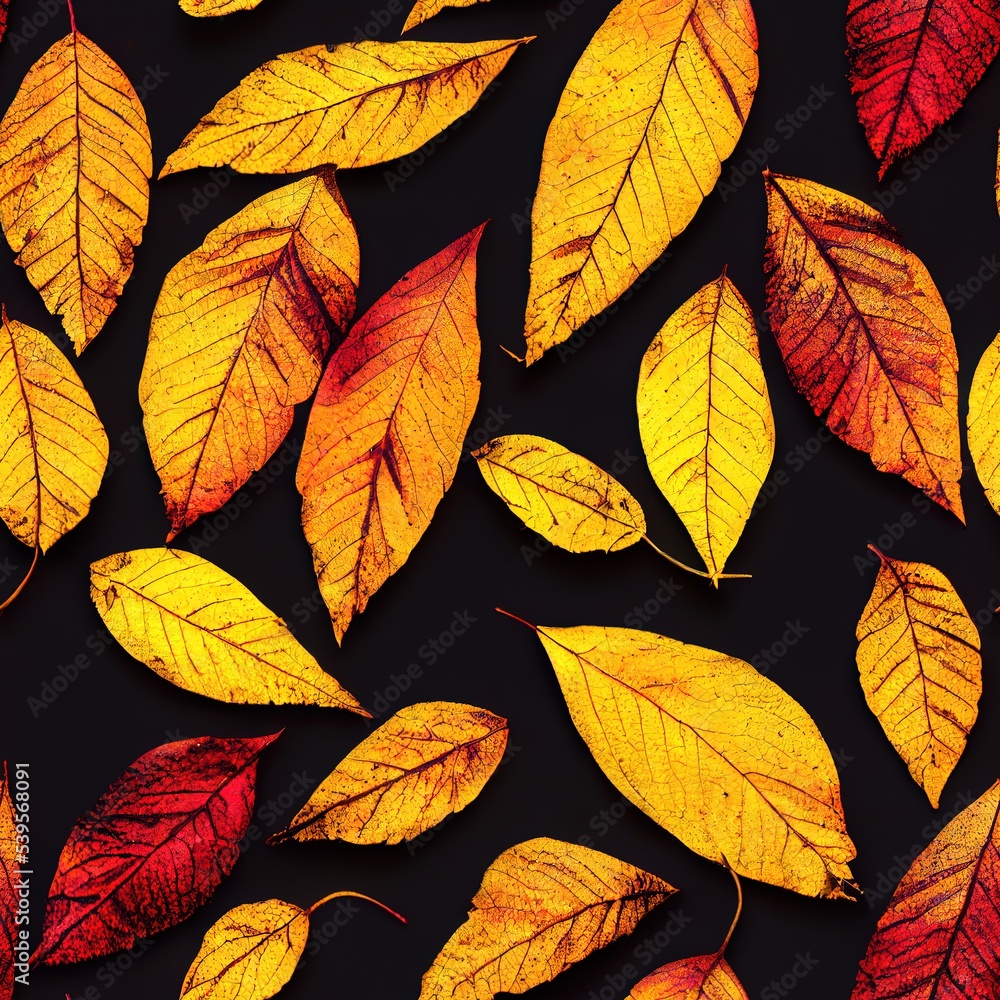 Fototapeta premium Orange autumn leaves on black background seamless pattern