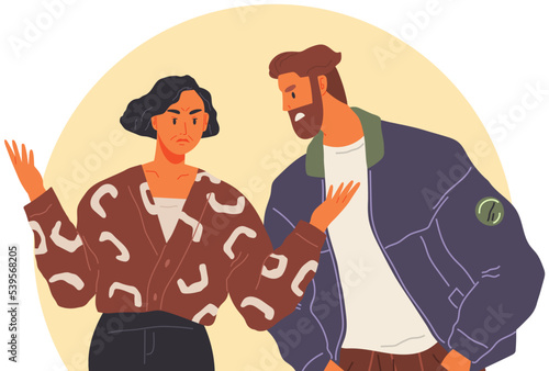 Husband and wife shouting blaming each other of problem. Man and woman quarreling relationships, unhappy young family fighting concept. Angry, arguing couple of people shouting vector illustration