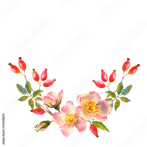Rose Hip. Greeting card with watercolor wild flowers on a white background. Dog-rose. briar illustration.