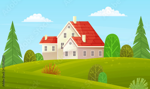 Country house, huge cottage, construction in nature landscape. Building holiday residence pleasant to live and relax. Family house suburban residence. Modern structure dacha at sunny summer day