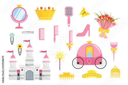Set of equipment princesses in cartoon style. Vector illustration of crown, carriage, castle, bouquet of flowers, pocket mirror, combs, hairpins, magic wand on white background.