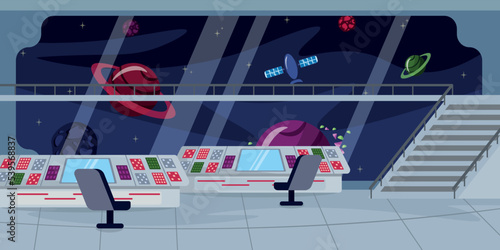 Vector illustration of the modern space station interior. Cartoon interior with a large command panel, armchairs, a platform for viewing space and planets.