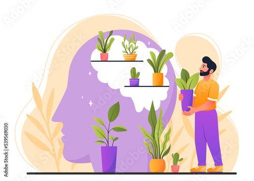Mental health concept. Man fills abstract silhouette of head with plants. Mindfulness and psychology metaphor, logical and creative thinking. Poster or banner. Cartoon flat vector illustration