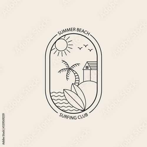 summer beach surfing club line art logo vector symbol illustration design.