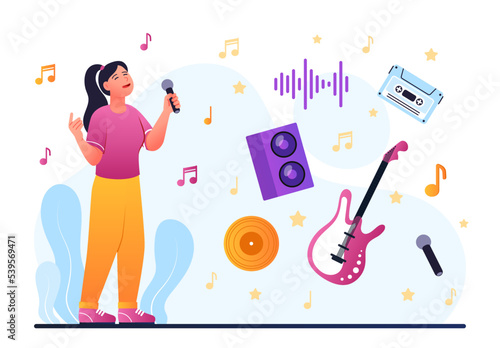 Music and singing hobby. Woman with microphone stands next to musical instruments. Vocalist and musician. Creative personality, art. Poster or banner for website. Cartoon flat vector illustration