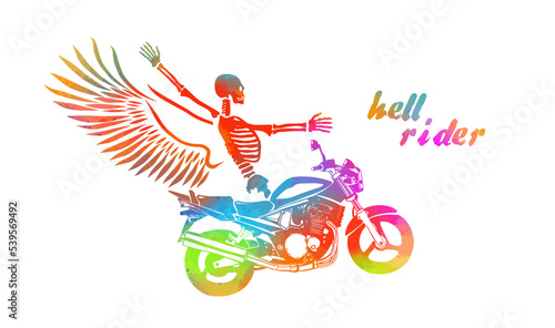 The colorful skeleton rides a motorcycle. hell racer. T-shirt printing . Happy Halloween. Vector illustration