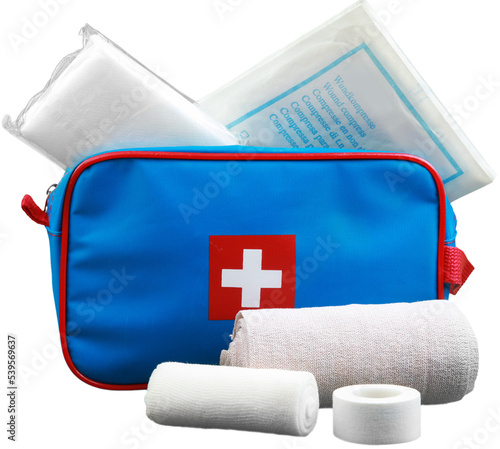 Obraz na plátně First aid kit first aid bandages emergency medical kit healthcare travel bandage